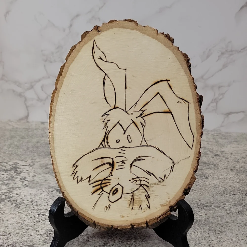 Vintage Wile E. Coyote wood burned image